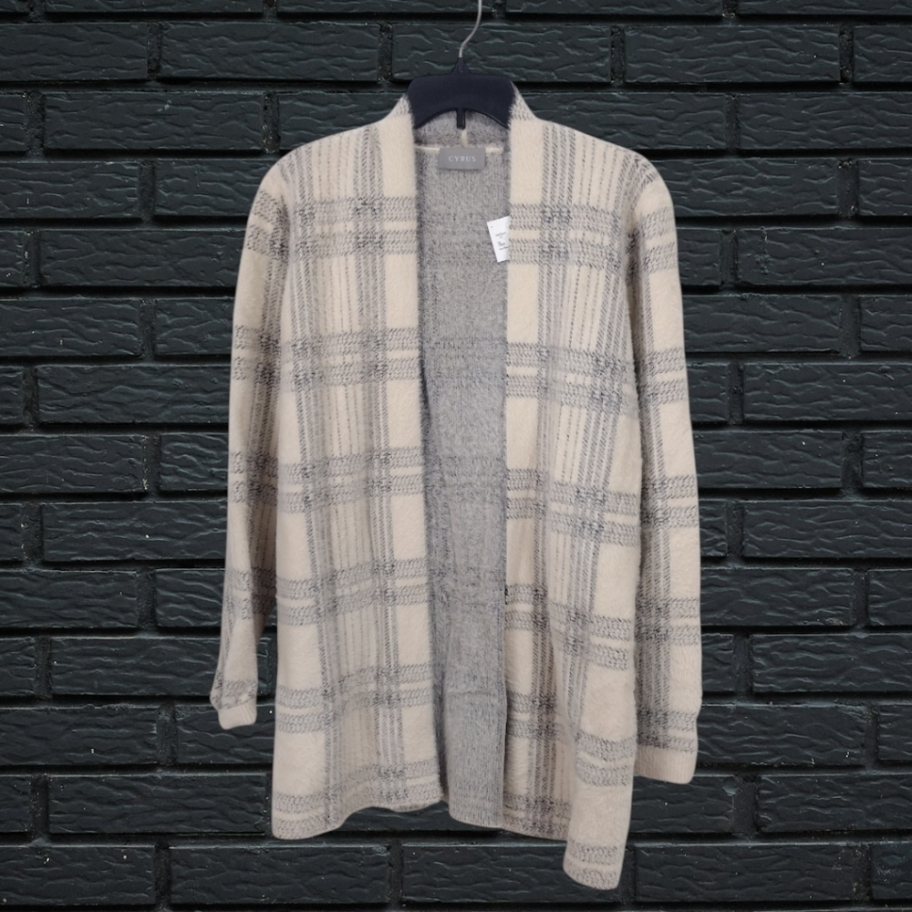 Cyrus Women's Beige Plaid Open Front Cardigan Size Large